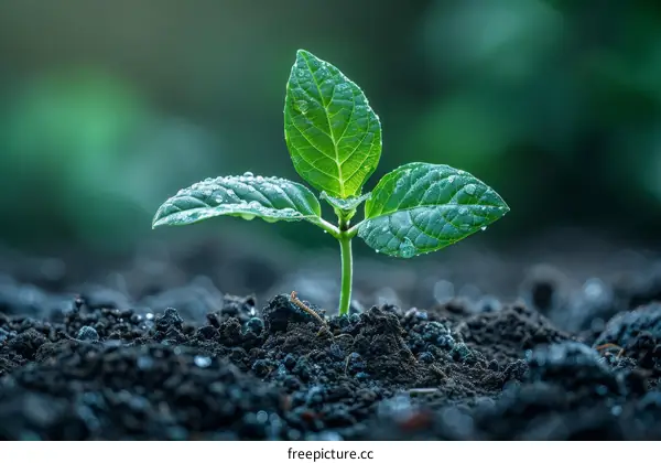 Green sprout growing out of the soil with morning dew on its leaves.