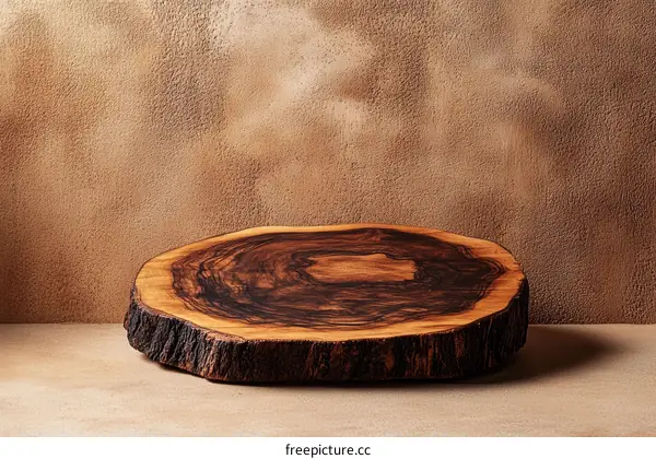 Wooden Slice Display Stand Against Beige Wall