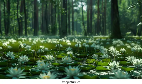 Mystical Forest Glade of White Water Lilies
