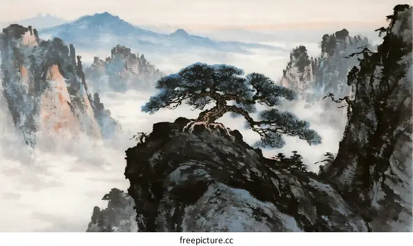 A Majestic Pine Tree Standing on a Rocky Mountain Peak in Mist