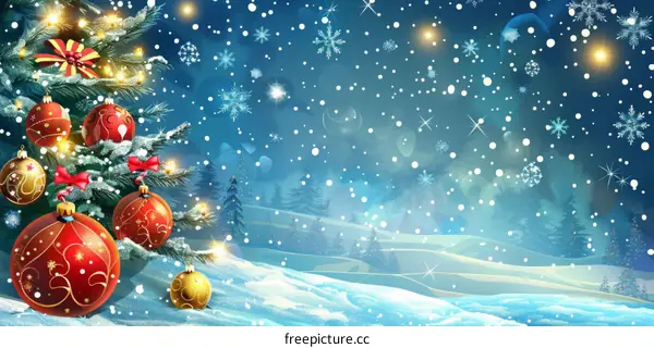 Christmas Tree With Red And Gold Ornaments In Snowy Forest