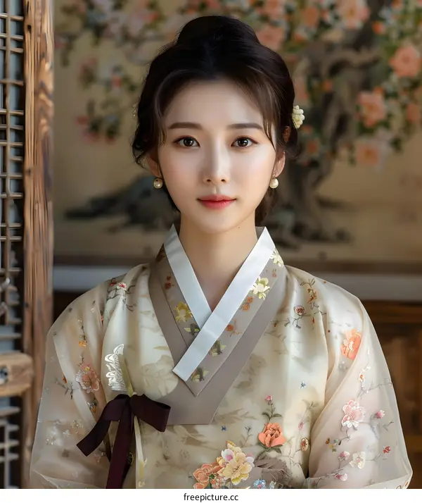 Portrait of a young woman in traditional Korean dress, or Hanbok