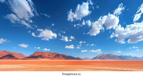 A vast desert landscape with mountains in the distance and a clear blue sky with clouds