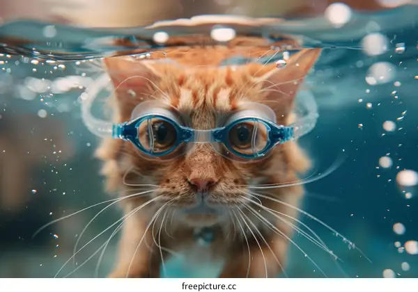 Cat Wearing Goggles While Swimming Underwater