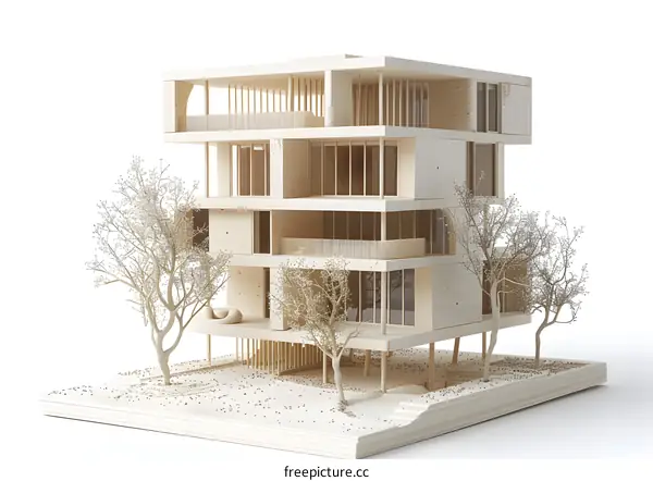 Wooden model of a modern apartment building