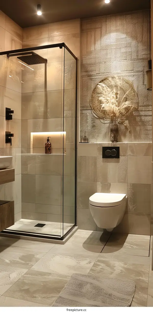 Modern Beige Bathroom with Walk-in Shower and Toilet