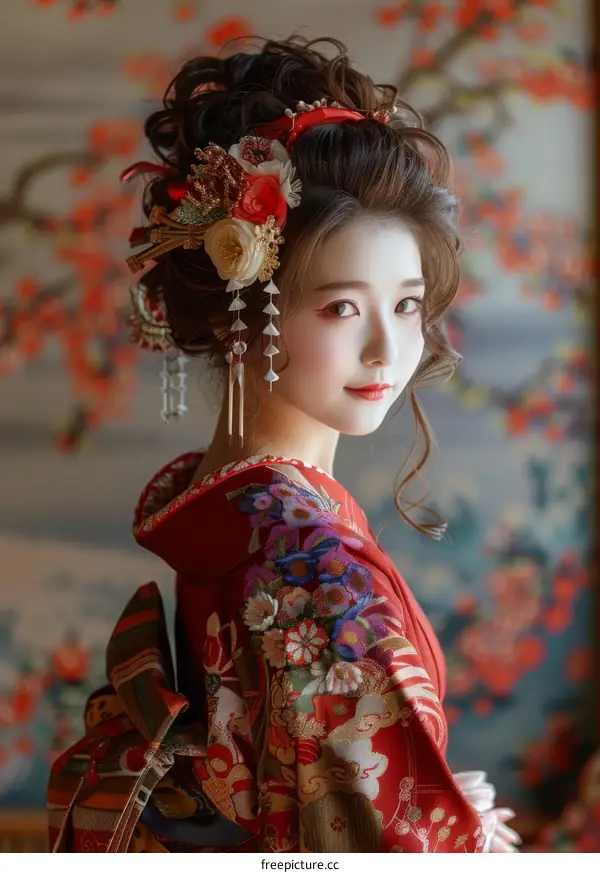 Portrait of a beautiful Japanese woman in traditional kimono