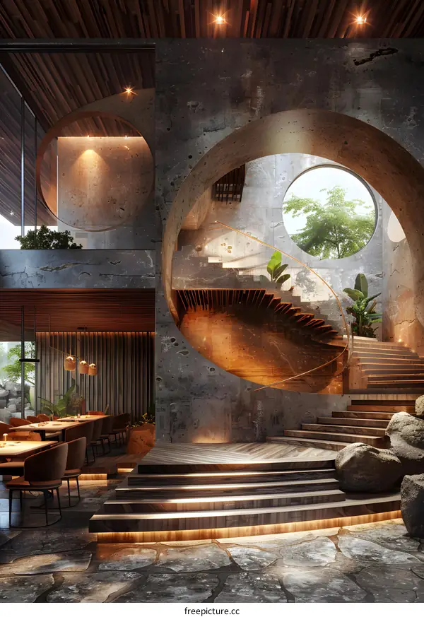 Modern luxury restaurant interior with spiral staircase