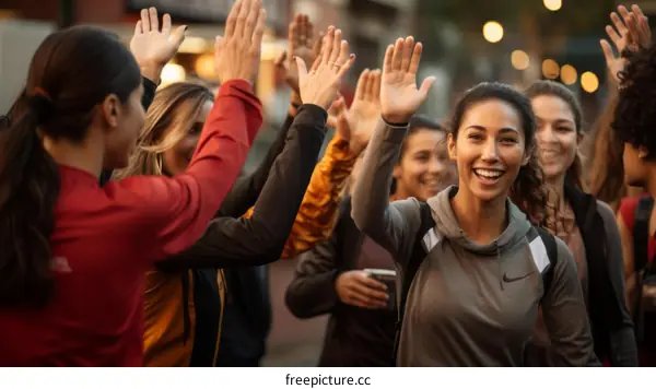 A group of people of different ethnicities are giving each other high fives.