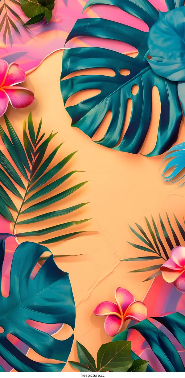 Tropical Leaves and Flowers Summer Background