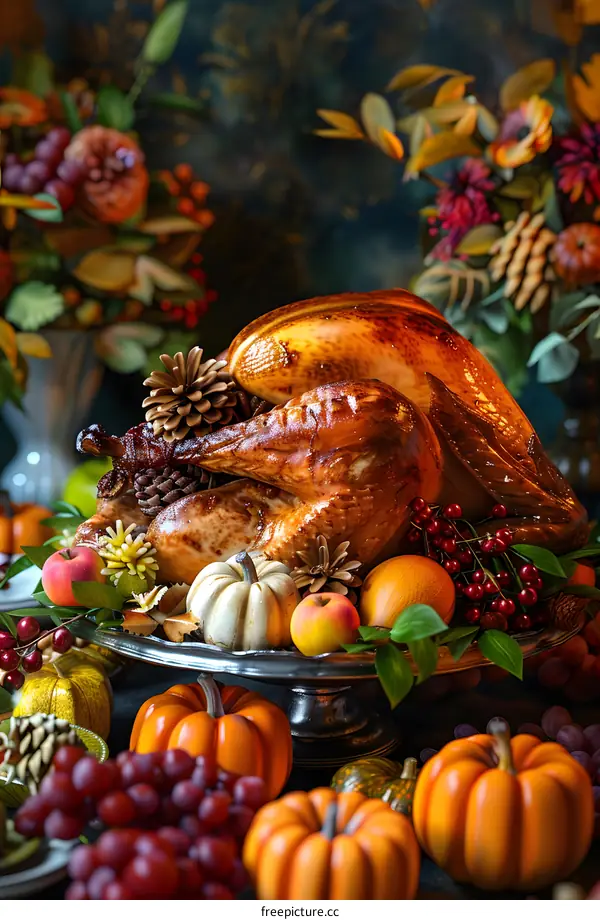 Thanksgiving dinner table with roasted turkey, pumpkins, and fruits