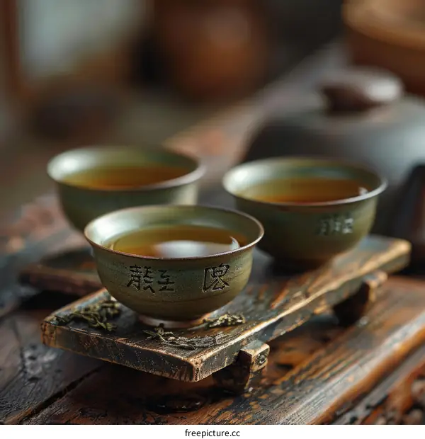 Three Chinese teacups with tea on a wooden table