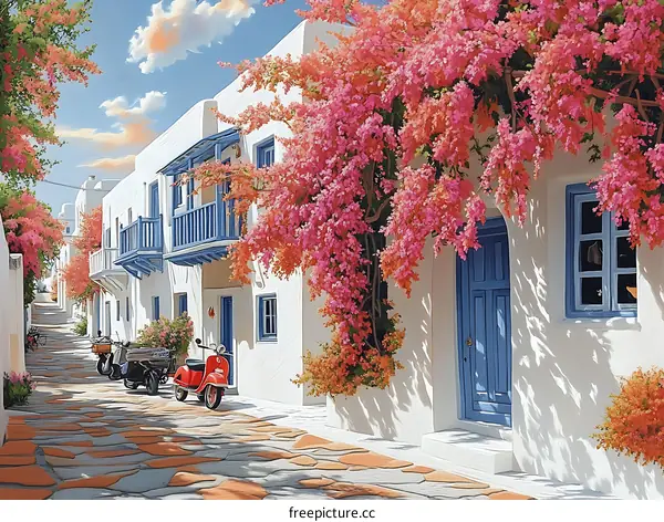 Whitewashed Houses with Bougainvillea in a Narrow Street
