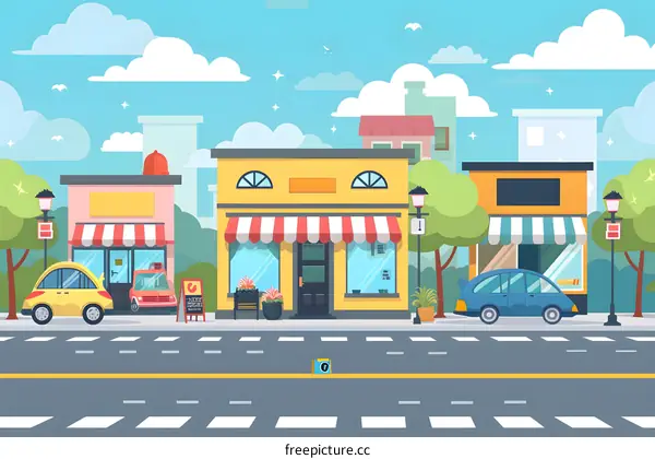 Cartoon Illustration Of A City Street With Shops And Cars
