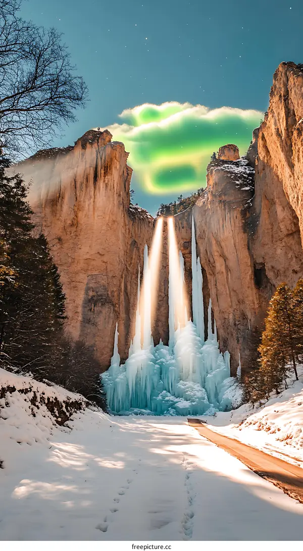 Frozen Waterfall In Canyon With Green Aurora Borealis