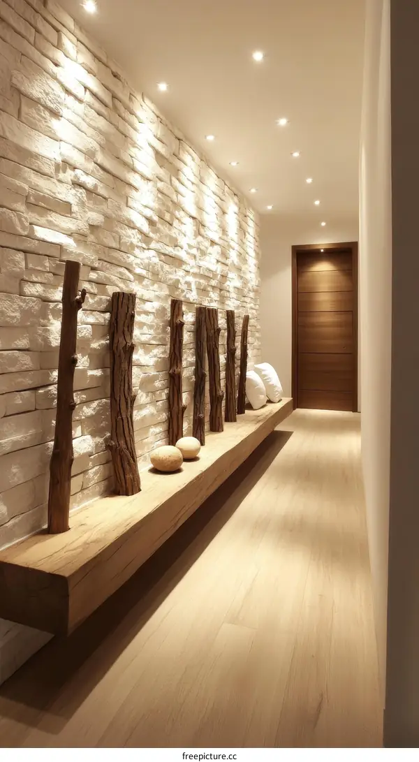 Modern Minimalist Wooden Corridor with Stone Wall