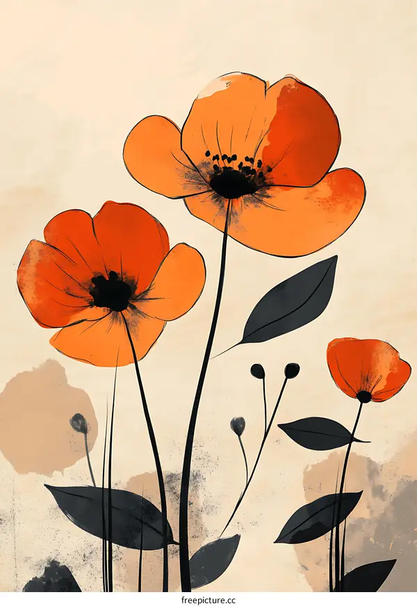 Abstract Watercolor Painting with Orange Flowers