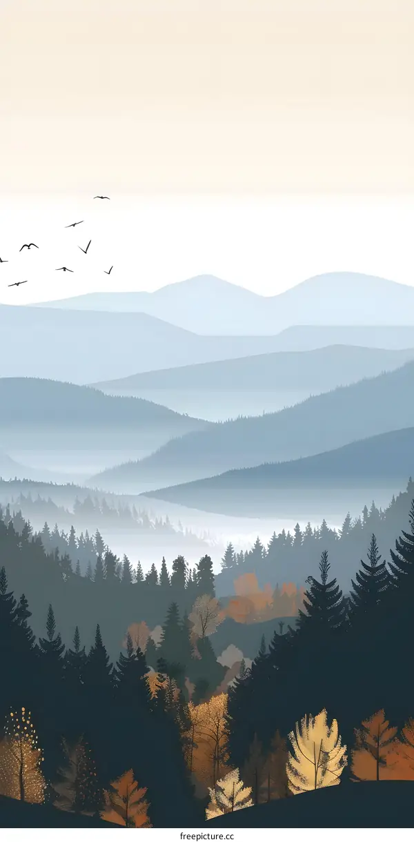 Misty Forest Landscape with Mountains in the Background