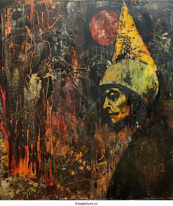 Abstract Portrait Painting of a Person with a Yellow Hat and a Red Moon in the Background