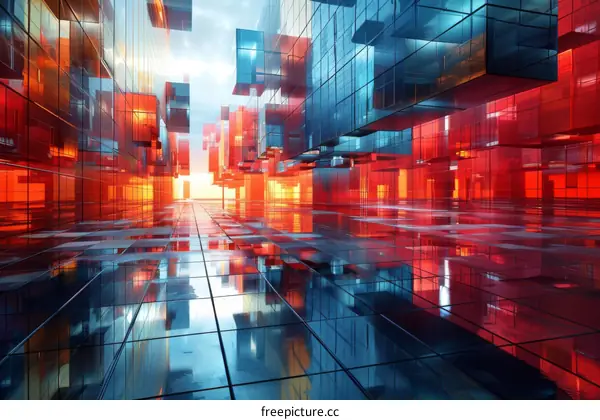 City of the Future with Red and Blue Glass Skyscrapers