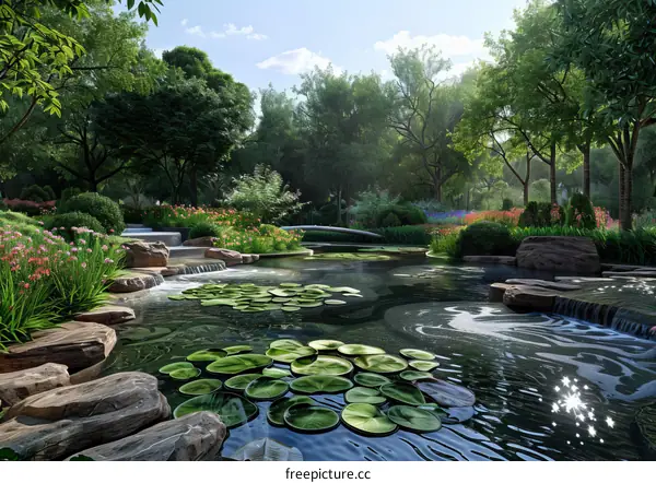 Serene Pondside Park with Blooming Flowers and Trees