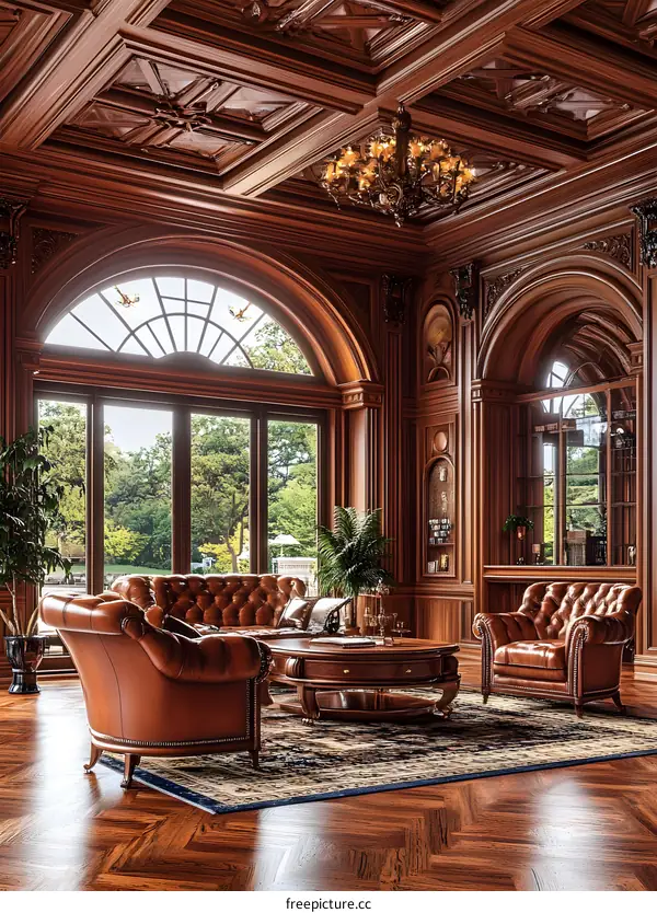 Luxury Living Room with Wooden Paneling and Chandelier
