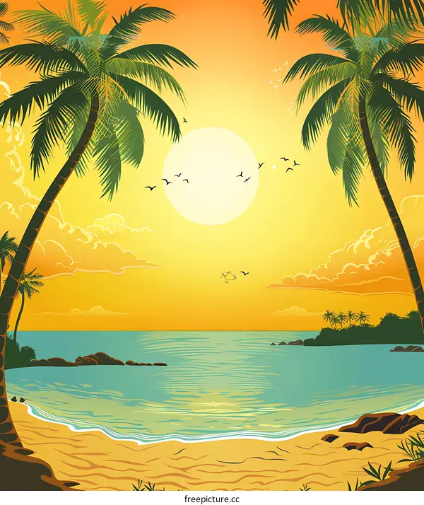 Tropical Beach Sunset Illustration With Palm Trees