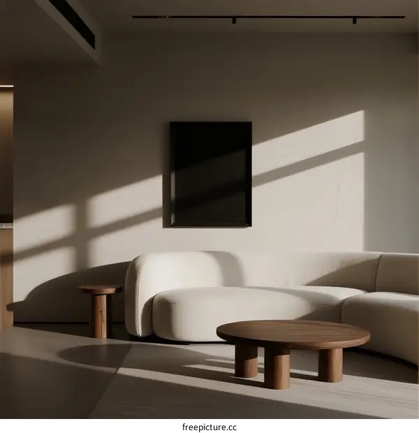 Modern minimalist living room with neutral tones and natural light