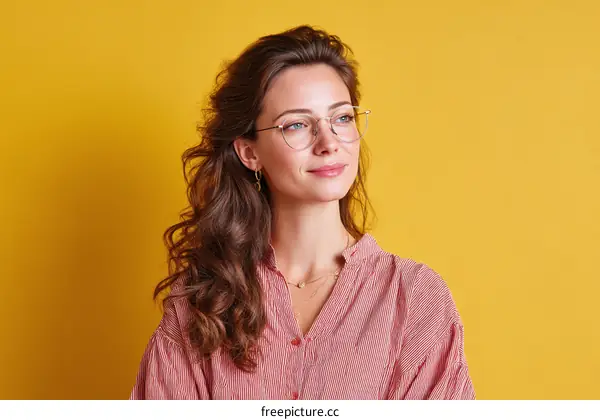 Woman with Glasses in a Red Striped Shirt against a Yellow Background