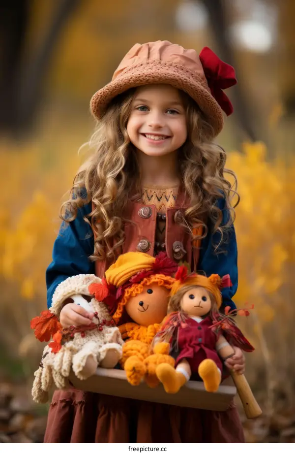 Little Girl with Dolls in Autumn