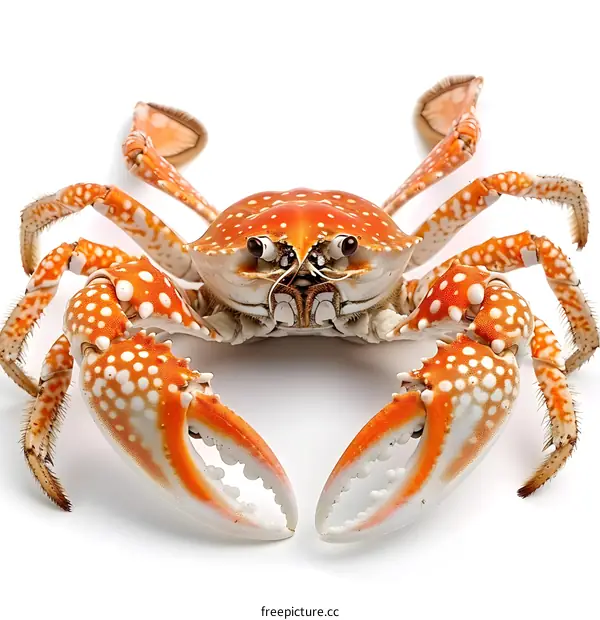 A red crab with white spots on a white background