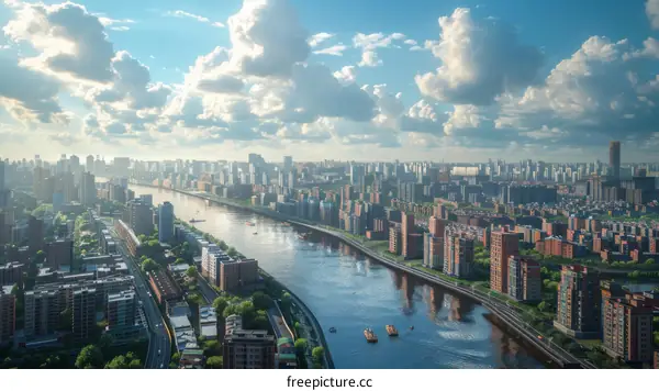 Cityscape Aerial View of Urban Riverfront