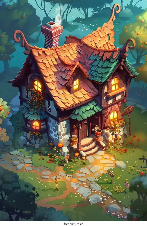 Fantasy Cottage Illustration with Green Roof and Stone Wall