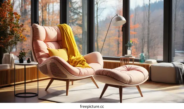 Pink Armchair and Ottoman in Modern Living Room with Window View