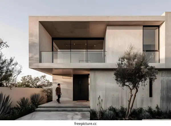 Modern Concrete House with Balcony and Man Walking
