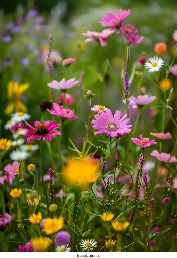 Close Up Of Colorful Flowers Blooming In A Field
