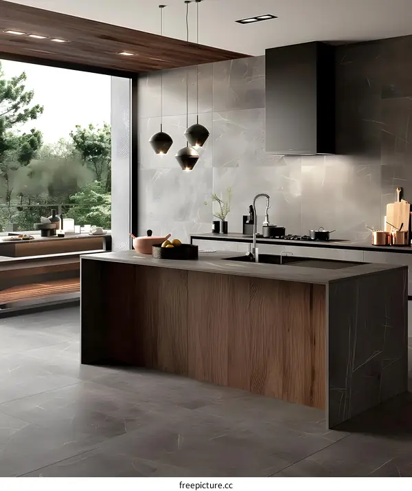 Modern Kitchen Design with Grey Tiles and Wooden Cabinets