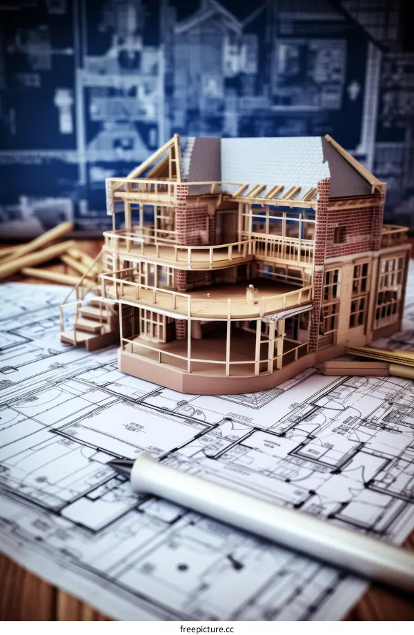 A house model sits on top of blueprints