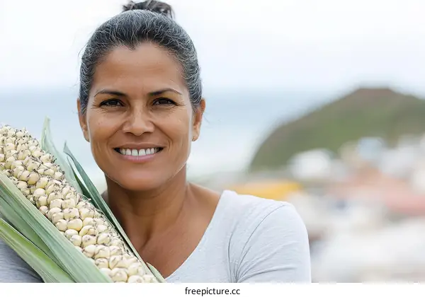 Woman Holding a Large Ear of Corn Outdoor Portrait