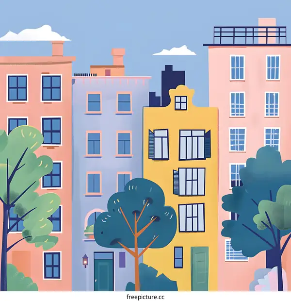 Colorful Houses and Trees Illustration