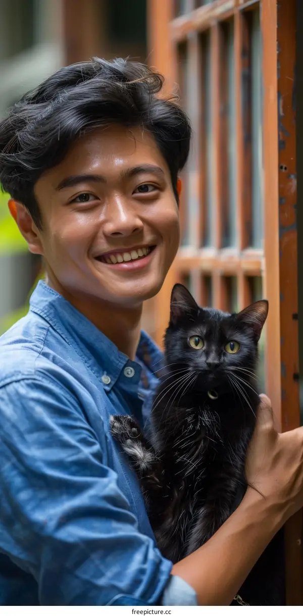A young man is smiling and holding a black cat in his arms.
