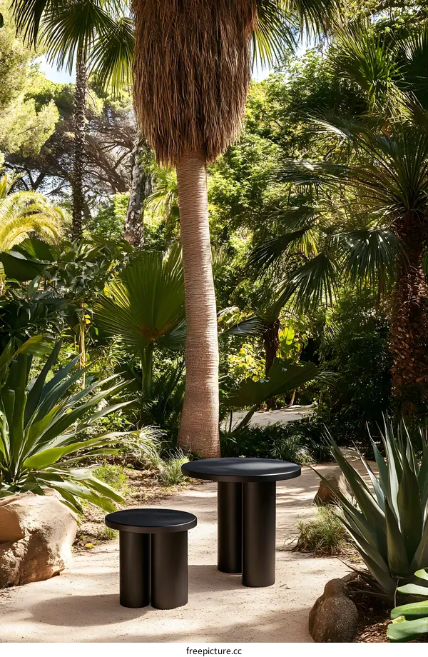 Two Black Round Tables in a Tropical Garden
