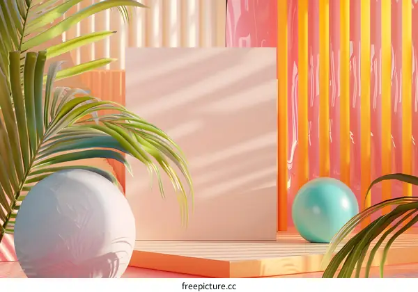 Abstract 3D Render of Summer Scene with Palm Leaves