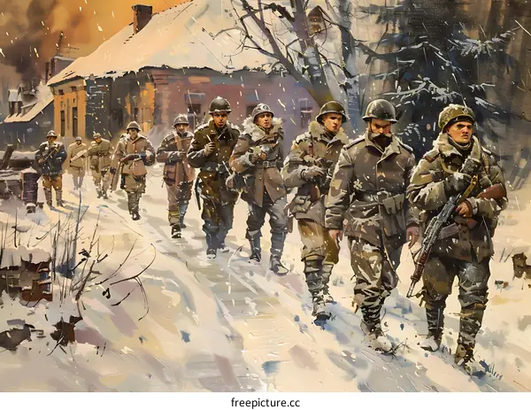 Soldiers Marching Through Snow Covered Town in Winter
