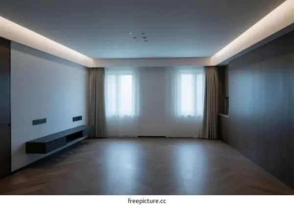 Modern empty room with large windows and minimalist interior design