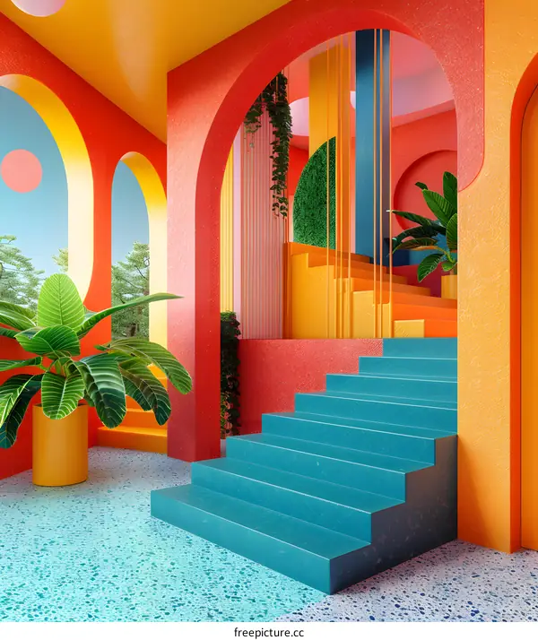 A surreal colorful interior space with stairs and arches