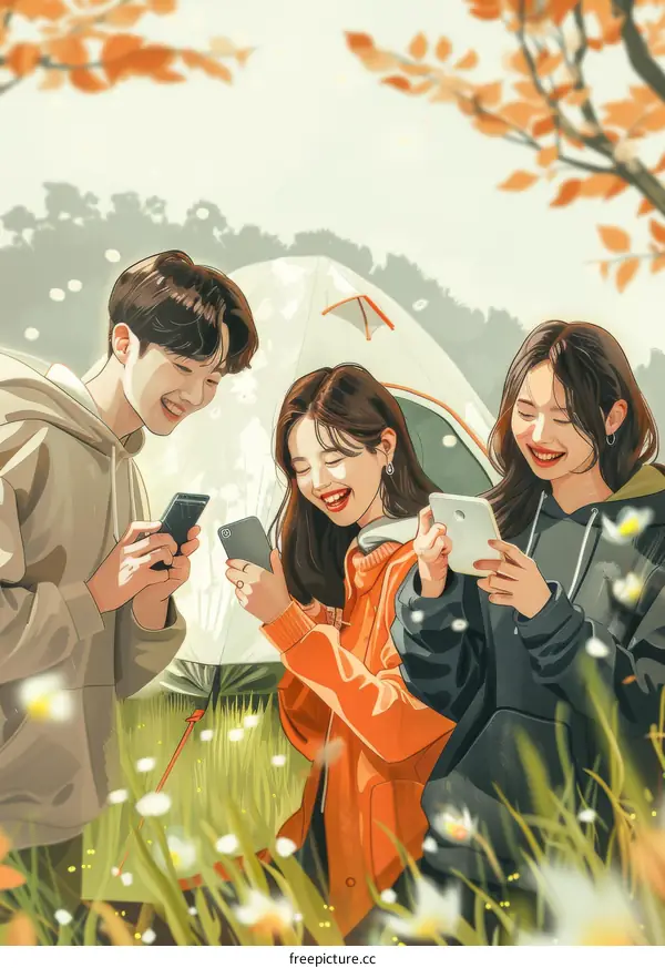 Three young friends camping together and looking at their phones