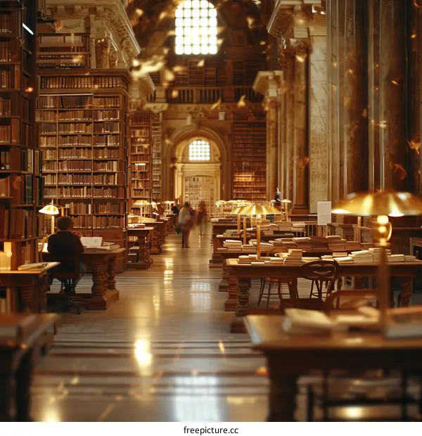 A researcher works in a historic library with a beautiful interior