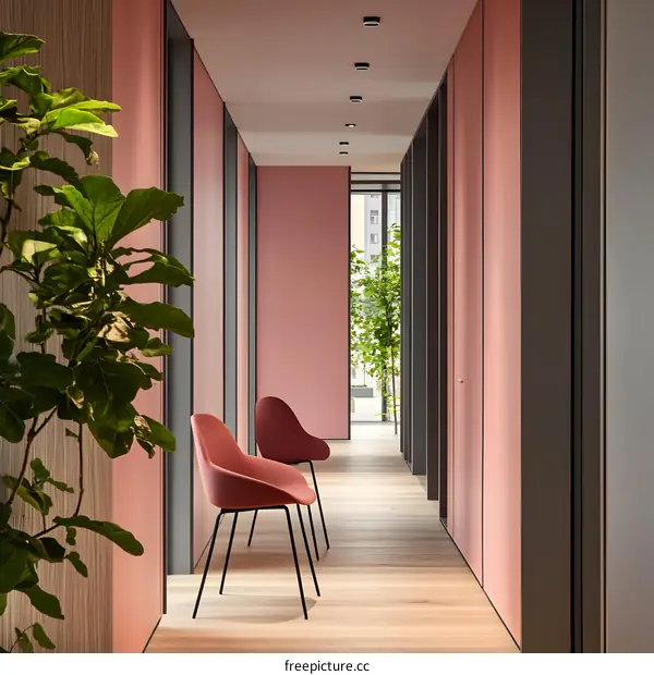 Modern Office Hallway with Pink Walls and Two Chairs