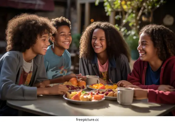 Four happy children eating breakfast together